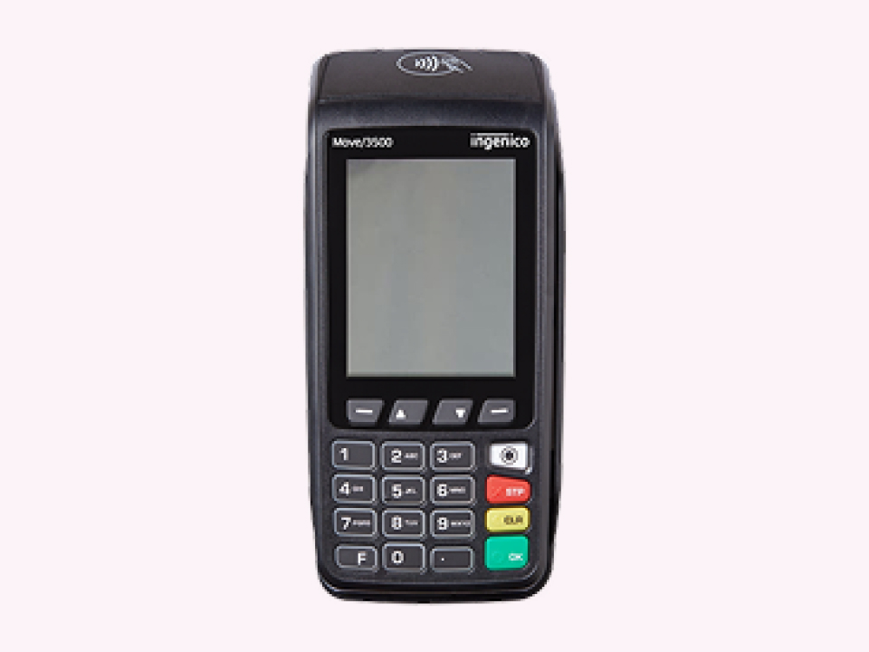 A black portable terminal with blue buttons on the screen.