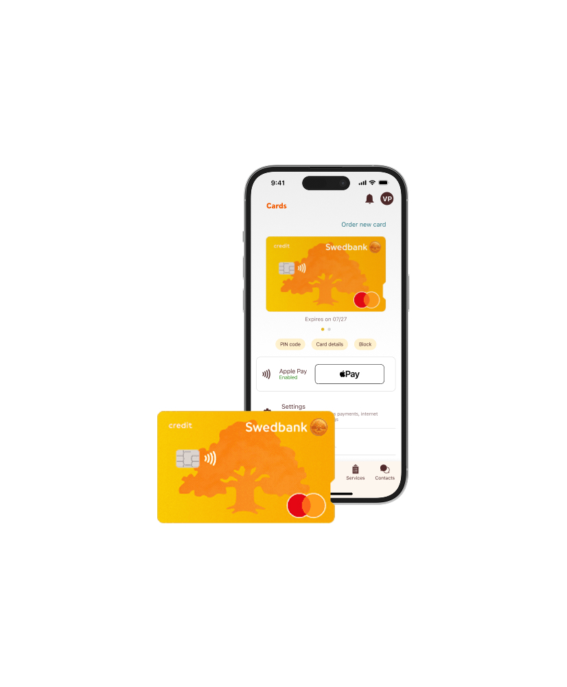 Klasikinė kredito kortelė rodoma „Swedbank programėlėje