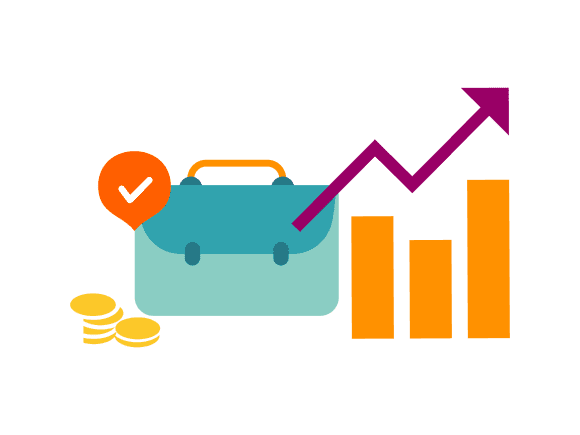 Coins, a briefcase, and an upward graph represent saving. Text: “Easy Saver – save automatically and earn interest every time you pay with your card.”
