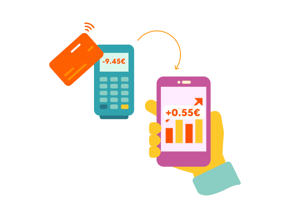 A person makes a card payment, and a smartphone screen shows a rising investment chart. Text: “Mini Invest – invest small amounts every time you pay with your card.”