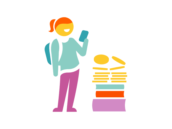 A person with a phone stands next to a stack of books and coins – illustrating the opportunity to invest for children’s future by opening a securities account.